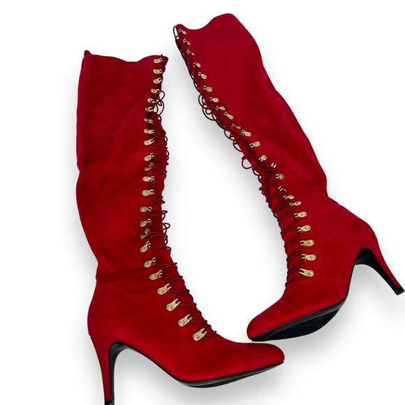 NEW Journee Red Over the Knee Boots Size 7WC Wide Calf High Heel Lace Up Goth - Picture 1 of 7